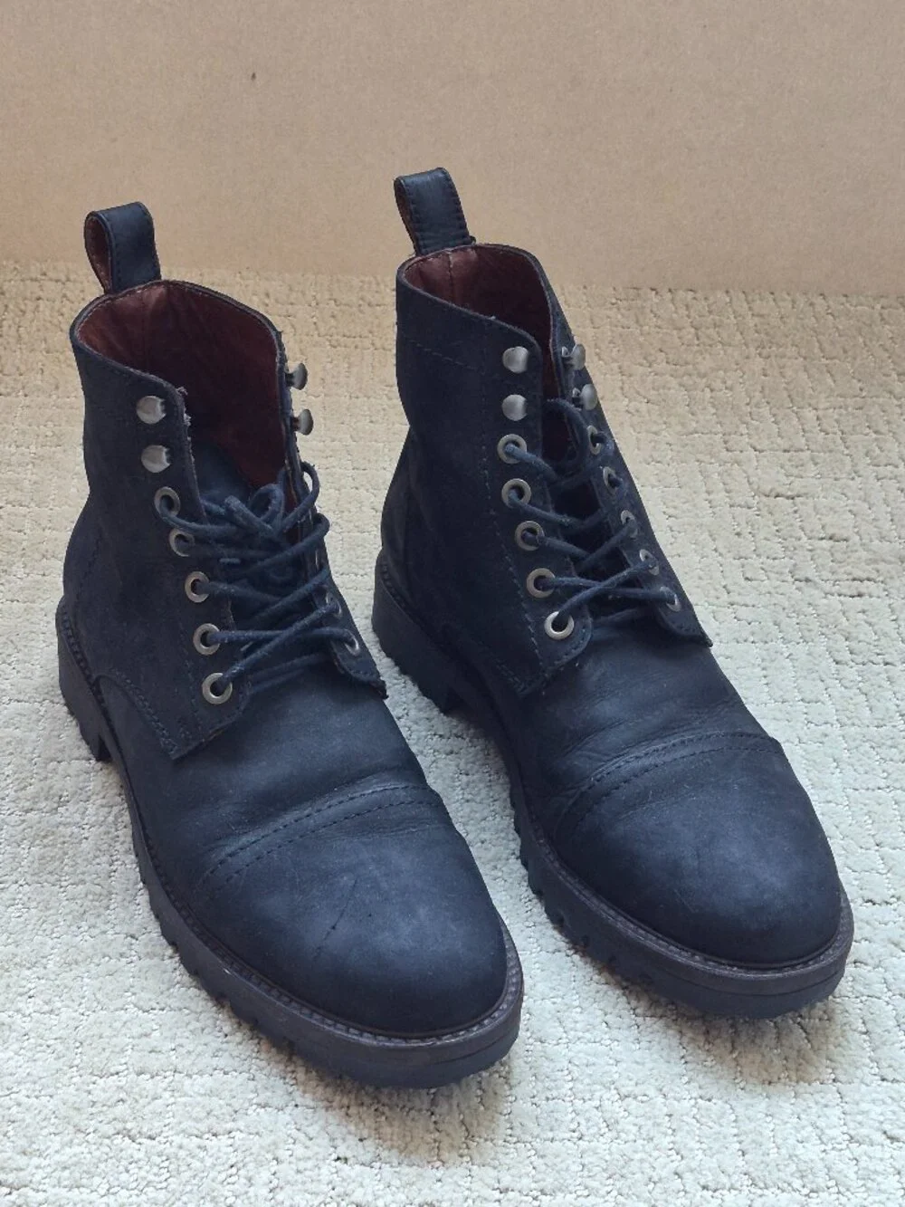 Patina Black Leather Lace Up Boots Men 9 Combat Cap Toe Lug Sole Made Mexico